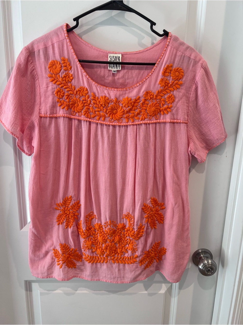 Sister Mary Pink Short-Sleeve Top with Orange Floral Embroidery Size Medium